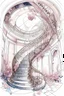 Placeholder: Watercolor sketch on a white background. Ink. Spiral staircase in the hall leading to the sky, pink and white hydrangeas, portraits, rococo interior, chandeliers, filigree, work of art, rich structures, elegance of lines, sparks, drapery, patterns, lavender accents, juicy, bright, sunny, hyperrealistic, top view, retro, monograms, diamond dust, ultradetalization, dots, RAW, ISO 100