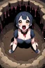 Placeholder: Anime girl with big eyes, darkblue and sepia tones, fullbody, slime, the perspective looking up from the bottom of an empty well, rolling eyes, tongue out, blood drip, open mouth,