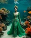 Placeholder: Gorgeous Photography Beautiful Queen Luxury Dress Traditional Javanese Color Green,She Walk in An underwater scene teeming with colorful coral, full busy clownfish, and gentle sea turtle