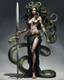 Placeholder: detailed persona, female, sword in hand, gorgon medusa, half turn, full height, leans on one leg, snakes on the head instead of hair