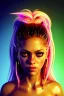 Placeholder: portrait, Shakira, blonde artist, angry, Realistic image, latex style dress. Skewers, loose long hair, eyes make up, perfect, glow, circle iris. Neon colors, leds, geometric shapes. Dark background, photo studio, neon lights. Cyberpunk, concept art, smooth, unreal engine 5, god lights, ray tracing, RTX, lumen lighting, ultra detail, volumetric lighting, 3d, finely drawn, high definition, 4k.