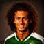 Placeholder: 85mm DSLR color photography of a very detailed headshot fitting all of head and hair in frame. 23-year-old Brazilian soccer player, with and with no facial hair and has a with a small smile, grey background has a soft look on his face has smooth long hair