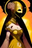 Placeholder: Planet Venus portrayed as a beautiful masked woman wearing medieval robes, her mask is smooth, her sihlouette is engulfed in sulfuric vapor and translucid fire, none of her skin can be seen