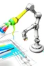 Placeholder: Draw a colorful cover image. What it's about is flexible link robotic arm with flexible joints that are drawing a three-dimensional model. Only display flexible robotic arms.