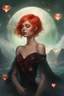 Placeholder: 3D Bubbles, Floating hearts with an electrical current, fog, clouds, somber, ghostly mountain peaks, a flowing river of volcanic Lava, fireflies, a totally gorgeous woman with short, buzz-cut, pixie-cut red hair tapered on the sides, green eyes, wearing a black, sinister, mermaid dress