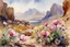 Placeholder: Sunny day, flowers, mountains, rocky land, fantasy, sci-fi, john singer sargent watercolor paintings