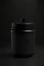 Placeholder: black container, plastic, realism, with screw lid, no labels, round container, view from the front, protein powder, dark studio setting, black background