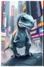 Placeholder: transparent furrysleek dinosaur weasel with cute fur, in big cyberpunk city crossover, volume light and motion blur, airbrush and pen outline in background only