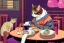 Placeholder: A cat wearing clothes is sitting at a table eating sushi. Manga style. Perfect iris. Paws