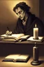 Placeholder: [Spinoza reading at a desk] As Spinoza sat at his desk, the gentle glow of candlelight flickered, casting mesmerizing shadows on his weathered face. His eyes, deep pools of contemplation, gazed thoughtfully at the pages before him, revealing the intensity of his intellectual pursuit. The room was a sanctuary of solitude, allowing him to immerse himself in the realm of metaphysical thought. Spinoza's high forehead, crowned by thick, unruly hair that fell slightly over his brows, accentuated his