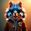 Placeholder: Squirrel toddler, smile, steampunk headphone, sunglass, gangsta neckless, full body, orange puffer jacket, tokio background, dramatic lighting, hyper realistic, unreal engine 5, 16k