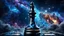 Placeholder: Hyperrealistic illustration of one giant queen chess piece floating in the big galaxy, deep dark universe with stars and nebula, fantasy, dramatic atmosphere. The overall scene moody and surreal, with intricate stunning textures on the queen chess highlight its grandeur and mystery. white-blue mist aura around the chess piece. detailed, stunning illustration