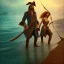 Placeholder:  book cover, fantasy art,close up of two pirate actors on nice sandy beach, water, reflection, misty