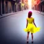 Placeholder: Beautiful lonely girl who walks along a street without people at dawn. You see her from behind. She short wears very short yellow dress, nice legs. She has short pink hair with glowing crystals. Full body, 8k resolution concept art. Professional Photo HD. Stylish. Warm vivid colors. Panoramic