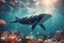 Placeholder: dinamycally swimming antropomorph cat whale in the sea, fishes, corals, shells, bubbles in sunshine, ethereal, cinematic postprocessing