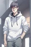 Placeholder: Anime man with glasses, wearing a hooded sweatshirt, slight smile, realistic