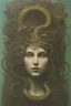 Placeholder: by beksinski oil painting,portrait, beautiful wise woman, Medusa, woman with snake hair, multiple snakes from her head, different snakes,fusing with the background, animals, dignified look on her face, enchanting, mystical, spiritual, religious, ornaments, body art, subtle make up (Extremely Detailed Eyes, Detailed Face and Skin:1.2), Ornate, (Solo:1.4), Standing, (Upper Body:1.2), Looking at Viewer