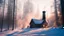 Placeholder: cabin in forest in winter light smoke from chimney