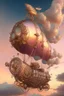 Placeholder: A whimsical steampunk-inspired airship, intricately designed with brass gears, polished wood, and ornate filigree, sailing through cotton-candy clouds at sunset.