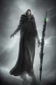 Placeholder: Tall Wizard, dark broody, long staff in hand, grey cloak, photorealistic, lightning background, fedora, anatomically perfect face