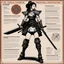 Placeholder: character concept sheet with AD&D statistics and characteristics, [illustration by Kevin Eastman and Peter Laird] female samurai in agent provocateur: local vs. global