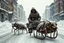 Placeholder: mutant cockroach creatures pulling a dogsled carrying a man dressed in steampunk snow goggles, head-wrapping, and heavy robes; middle of a street in an empty destroyed crumbling city, post-apocalyptic winter dystopia, massive snow drifts, snow and ice particles, dramatic