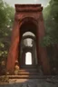 Placeholder: entrance to Hell:: greece:: heavy archway:: ornate, beautiful, lush, vines, goddess statues, Intricate Tree branches, Lava fountain, low angle, red shift, Photorealistic --ar 1:2 --q 2