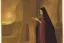 Placeholder: Cloaked priestess observing a fire intently, religious