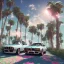 Placeholder: 1980's aesthetic vaporwave palm trees and spheres and bmw