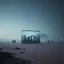 Placeholder: A super high definition photo of a dark open space with structures and a large computer screen. A transparent tarpaulin covers an image resembling a ruined building. There is a group of figures in the background and a high hill in the distance. The surface below is in a pastel color. Fog is present. Scientific terraforming ongoing