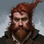 Placeholder: dnd, fantasy, watercolour, sharp, stylistic, portrait, illustration, dull colours, male, dwarf, face, bearded, long brows, frugal, weathered face, green eyes, determined, happy, red hair, very long hair streaming down the shoulders, radiating light, five o'clock shadow, softer facial features, dignified