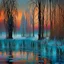 Placeholder: Grunge textured abstract impasto mixed media painting with dripping paint, fantastical otherworldly frozen winterscape with iridescent metallic colors, silver lines, style Amanda Clarke, Andy Kehoe, Feininger, Klimt, Klee. Reflective frozen pond, surrounded by whimsical, filigree, impressive frosted trees standing tall between extraordinary storybook houses; tendrils, grasses, cattails. Dramatic sky with stormy clouds. with mercury glass patina, glowing golden sparks, vibrant iridescent colours,