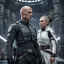 Placeholder: a bold and heroic bald male Corellian pilot in black and metallic grey First Order special forces gear meets a female Jedi Master in ancient, mystical temple, hyperdetailed, dynamic lighting, hyperdetailed background, 8k resolution, volumetric lighting, light skin, fully symmetric details