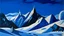 Placeholder: A dark blue snowfield with a frozen peak designed in Scandinavian folk art painted by Lyonel Charles Feininger