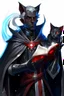 Placeholder: En Young male black skin tiefling fra dnd holding a book with Arcane Magic in a silver and White Rope and a silver cloak. His horn a perfectly place on acet from the front to the back pointing upwards with glowing Red cat Eyes glowing Blue Arcane Magic around them ice crystals flowing around him. His close is elegant get simple. A adorable black cat with red eyes Sitting on his Shoulder