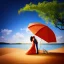 Placeholder: 2 lovers last kiss in sand island with tent and river background