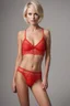 Placeholder: full body image - Blonde hair, Blue eyes, short, pixie-cut hair, tapered on the sides, sports illustrated red lace string bikini model - 32k, UHD, full color professional quality digital photograph