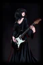 Placeholder: pretty goth girl(dressed in black flowing robes) rockin' on the guitar, leaning back, dark background, red outline, vignette, photo realism