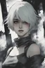 Placeholder: 2B from NieR Automata wearing a short black dress. A soft-focus image of the silver moonrise casting a cool glow, create in inkwash and watercolor, in the comic book art style of Mike Mignola, Bill Sienkiewicz and Jean Giraud Moebius, highly detailed, gritty textures,