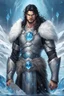 Placeholder: 1 mana warrior, with blue eyes and black hair man in silver Viking armor with fur around the neck with blue crystal on his chest , standing in water in the artic, warrior in anime style,