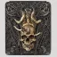 Placeholder: coaster featuring a dragon skull cross section, black and bronze paper, technical illustration, highly detailed, highly intricate, epic, infographic, marginalia, filigree, fine metalwork