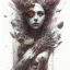 Placeholder: singer Danish MØ face, style <Yoji Shinkawa>, Bones, darkred tones, leaning pose, watercolor illustration by <agnes cecile> butterflies everywhere, skulls, centipede, insects, nest, octopus, fly, squid, multiple eyes everywhere, opalescent,opalescent, gemstones, crystals, cristal rock ,bright,bDryad, plants, wildflower, intricate detail , rusty metal, sidhe, ominous, portrait, high lighting, Witch pink short hair, rabbit mask, latex suit, Red, black, gold, Punk style, Gradient background,