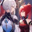 Placeholder: High quality, Detailed, 1girls, looking at eachother very angrily, wearing a genshin inspired outfit, the outfit has some holes, the outfit also has a very see through fabric, grey hair with on ponytail, red hair