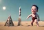 Placeholder: Elon musk as a baby building a Very tall Sandrocket on the beach. He is wearing a polkadot swimsuit