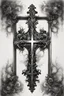 Placeholder: A realistic drawing in negative space black ink on white background of a cross in a mirror baroque with very defined and correct details and brushstrokes smoke around it