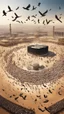 Placeholder: Many birds in the sky, flying above the Kaaba, carrying stones in their legs, around them is desert