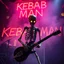 Placeholder: a very thin swedish man (near skeleton), (fat glowing eyes), he is called "KEBAB MAN" performing at death metal club, his name is "KEBAB MAN" kebab rolls On stage, kebab Neon lights and smog, and "KEBAB MAN" big sign on the wall, kebab tribal tattooes, spinning kebab machines, flames and smoke, chaos, he using gasolin and pour it on the guitar on the stage