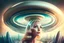 Placeholder: beautiful woman inside flying saucer with clear dome top over future alien city