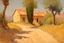 Placeholder: sunny day, mountains, trees, dirt road, countryside, adobe house, wilfrid de glehn and rodolphe wytsman impressionism paintings