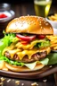 Placeholder: picture of a hearty burger with a side of fries and a soda. The burger is topped with bacon, cheese, and lettuce. The fries are crispy and golden brown.